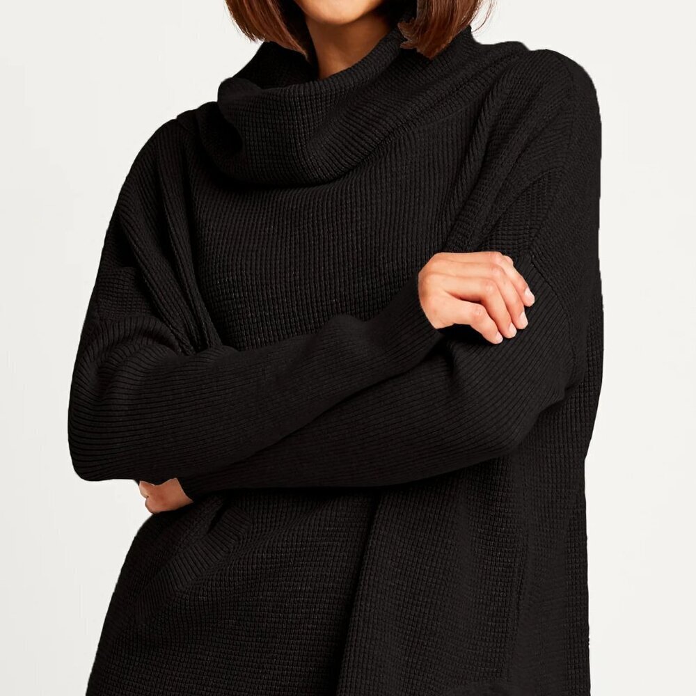 Planet By Lauren G 100% Cotton Waffle Cowl Neck Sweater In Black OS